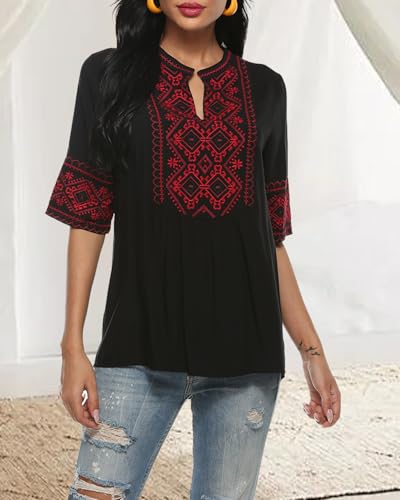 AK Women's Summer V Neck Boho Embroidered Mexican Shirts Short Sleeve Casual Tops Blouse2