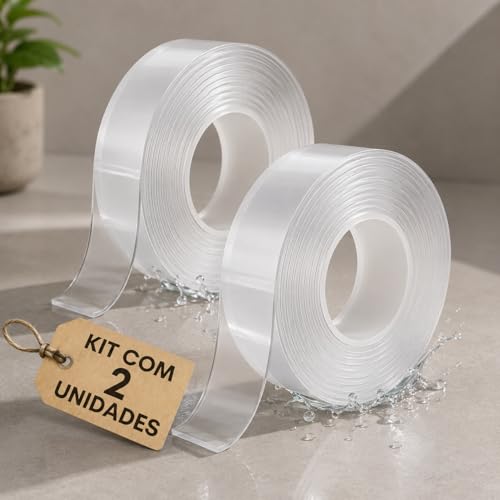 Kit com 2 Fita Dupla Face Nano Mágica Transparente 3 Metros – Ultra Adesiva, Reutilizável, Lavável, Sem Resíduos, Multiuso para Vidro, Parede e Madeira – Qualidade Premium LNMAX®