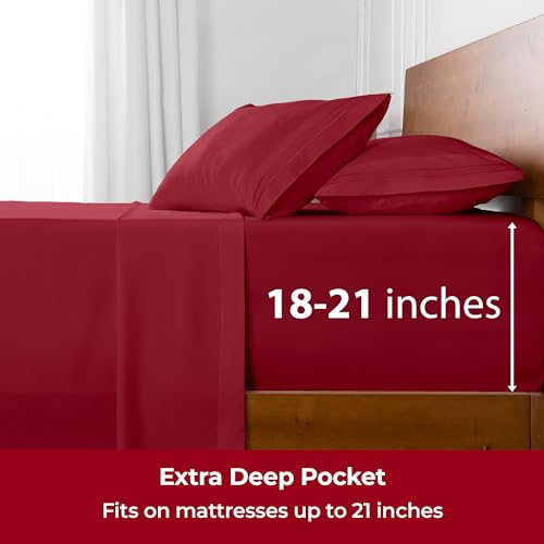 Image of Mellanni Extra Deep Queen Sheets - 4 PC Iconic Collection Bedding | Hotel Luxury, Ultra Soft, Cooling Bed Sheets - Wrinkle, Fade, Stain Resistant (Queen, Brick Red)