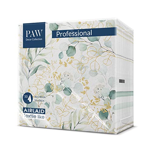 PAW Serviettes en Papier Airlaid. 40 x 40cm. 50 pièces. HoReCa. Décoration Table. Feuilles, eucalyptus, structure en tissu, couleurs subtiles. Une belle décoration chaque table.
