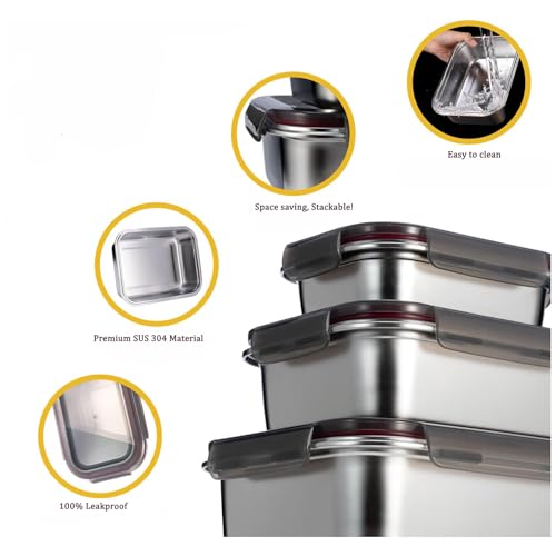 Image of Fridge to Oven Microwave Safe Stainless Steel Reusable Food Storage Containers with Leak-Proof and Airtight Lids (Rectangular Set of 3)