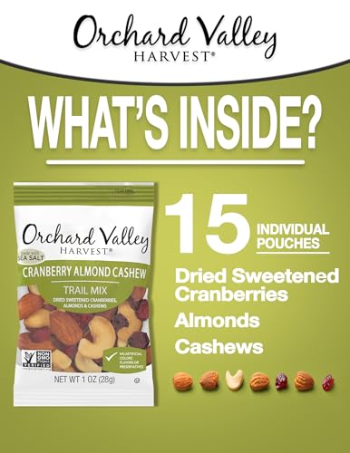 Orchard Valley Harvest Cranberry Almond Cashew Trail Mix, 1oz Bags (Pack of 15), Cranberries, Almonds, Cashews, Trail Mix Individual Packs, Snacks for Adults, No Artificial Ingredients, Bulk Snacks