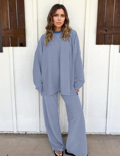 Image of MISSACTIVER Women's 2 Piece Striped Lounge Set Long Sleeve Oversized T-Shirt Wide Leg Pants Matching Pajamas Set