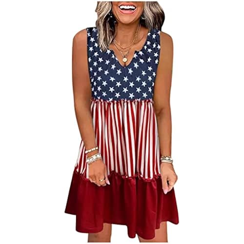 CHUNTIANRAN American Flag Star Vertical Striped Ruffled Mini Dress Women 4th of July Patriotic Dresses Casual Tank Dress