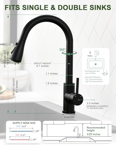 Black Kitchen Faucet with Pull Down Sprayer, VFAUOSIT Industrial Commercial Stainless Steel Single Handle Single Hole 3 Hole RV Laundry Pull Down Pull Out Gooseneck Kitchen Sink Faucets Matte Black - Thumbnail 2