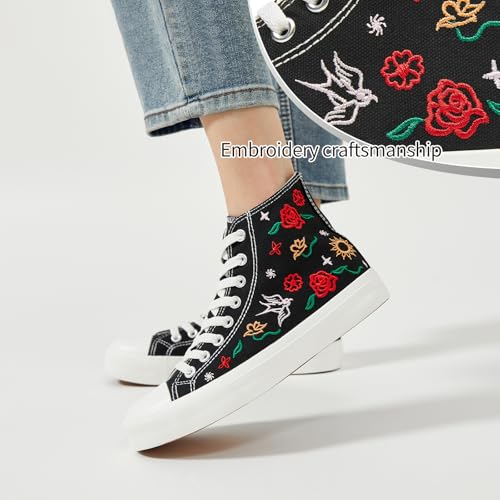 TUOPIN Women's High Top Canvas Sneakers - White and Black Fashion Embroidery Casual Walking Shoes for Women Comfortable Breathable Lace-Up Tennis Shoes2