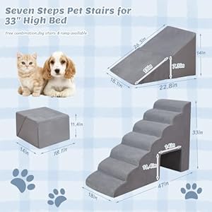   7-Tiers-Extra-Wide-Dog-Stairs-33-inches-High-for-High-Beds-Multi-Purpose-3-in-1-Foam-Dog-Steps-for-Small-Dogs-Portable-Pet-Stairs-with-Handle-for-Bed-Non-Slip-Bottom-Dog-Ramps-Grey