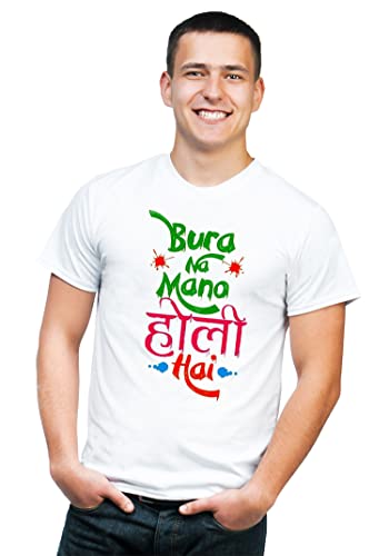 Image of Knitted Polycotton Fabric Regular Fit Men Boys Half Sleeve T-Shirt for Festival of Holi Style 24 White Size : Free