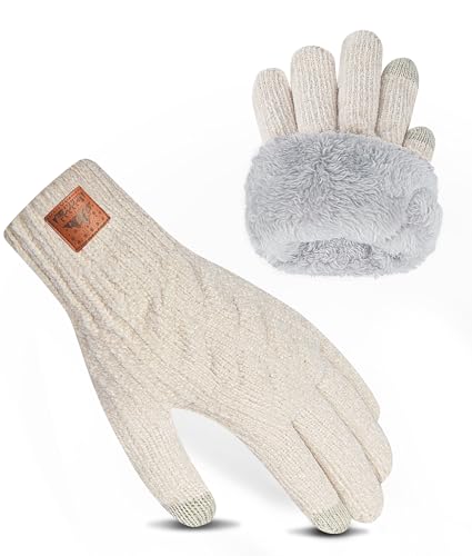 Bobelle Wear Handschuhe Herren Damen, Thermo Winter Touchscreen Strickhandschuhe, Verdickte Fleece Warme Outdoor Winterhandschuhe (Beige)