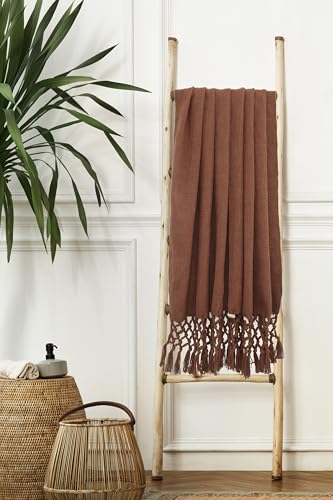 Image of HAKAM Cotton Throw Blanket with Macrame Tassels for 3 Seater Sofa | Ideal for Your Home, Living Room, Sofa, Bed, Chair, Picnic & Used for Gift - 50X70 inch (Rust, Single)