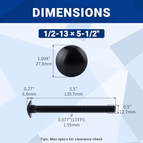 Image of 1 /2-13 x 5-1 /2 inch Black Carriage Bolts with Nuts and Washers Kits (6 Sets), 304 Stainless Steel 18 /8, Black Finish, Round Head, Square Neck, Heavy Duty Bolts, Indoor Outdoor Fastening Bolts, Fayeploo