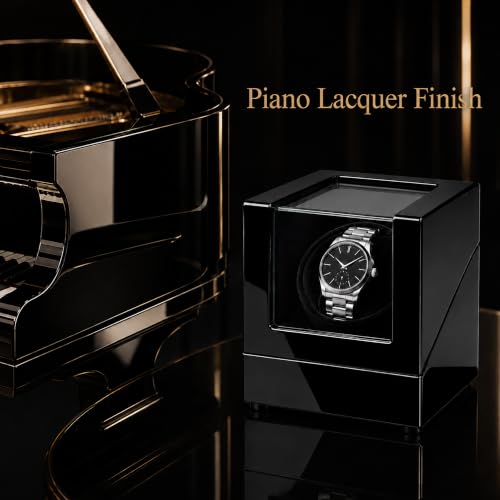 Image of Automatic Watch Winder, Ultra-Quiet Motor (<10dB), Single Watch Winder Box with AC & Battery Power, Hand-Polished High-Gloss Piano Finish, Luxury Watch Winder for Men, Fits Most Automatic Mechanical Watches