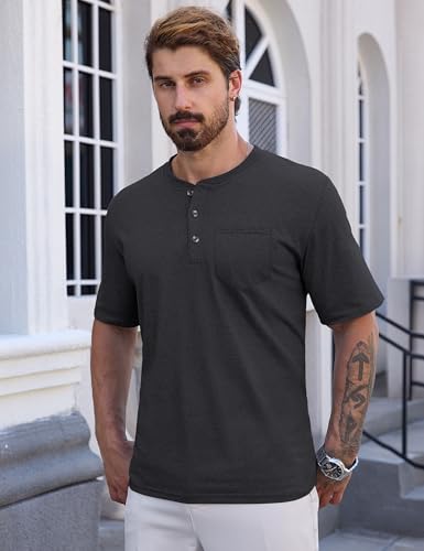 CRYSULLY Men's Henley Shirt Short Sleeve Cotton T-Shirts Pocket 3 Button Tops Lightweight Casual Basic Tee2