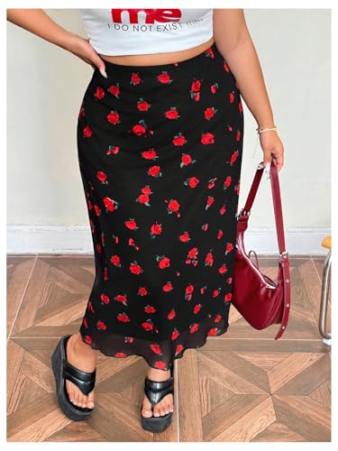 WDIRARA Women's Plus Size Floral Bodycon Skirt Elastic Waist Mesh Lettuce Trim Long Skirts3