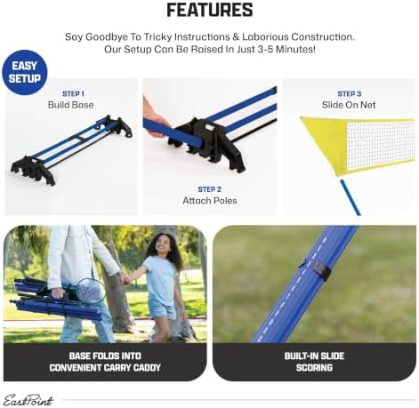 EastPoint Easy Setup Badminton Set - 15 ft Net, 4 Rackets, 2 Shuttlecocks - Quick Setup Net for Backyard Games - Steel Shaft Badminton Rackets for Family Games - Durable Shuttlecocks for Outdoors - 2