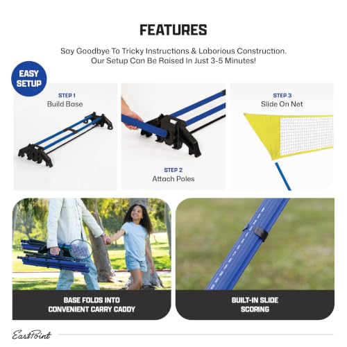 Image of EastPoint Easy Setup Badminton Set - 15 ft Net, 4 Rackets, 2 Shuttlecocks - Quick Setup Net for Backyard Games - Steel Shaft Badminton Rackets for Family Games - Durable Shuttlecocks for Outdoors