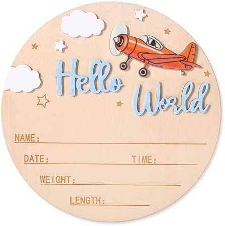 NQEUEPN Wood Newborn Announcement Sign, 15cm/5.91 Inch Wooden Hello World Sign Newborn Arrival Welcome Plaques Birth Baby Name Plaques for Photo Props Hospital Nursery Gift (Blue)