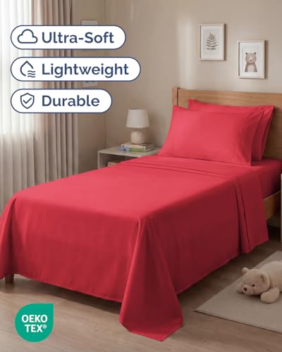 Image of Twin 4 Piece Bed Sheet Set - Comfy, Breathable & Cooling Bed Sheets - Red | Ultra Soft Hotel Luxury Bedding Set with 8-16 Inch Deep Pockets, 1 Flat & 1 Fitted Sheet & 2 Pillowcases, Wrinkle & Fade Free