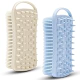 MtBoi 2 PC Silicone Body Scrubber, 2 in 1 Exfoliating Shower Bath Scrubber, Soft Silicone Loofah for Sensitive Skin, Shower Hair Scalp Massager, Easy to Clean, Lather Well (Grey&Blue)