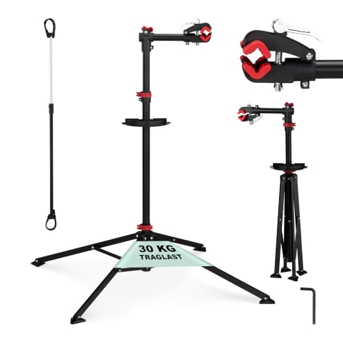 Relaxdays Soporte Bicicleta Taller, Trípode Montaje Bici, Potro Reparaciones, Plegable, Altura Ajustable, Acero, Negro