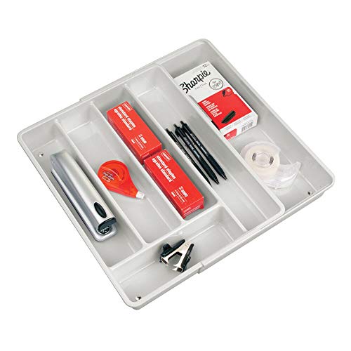mDesign Adjustable, Expandable 6 Compartment Office Desk Drawer Organizer Tray for Office Supplies, Gel Pens, Pencils, Markers, Tape, Erasers, Paperclips, Staplers - Light Gray