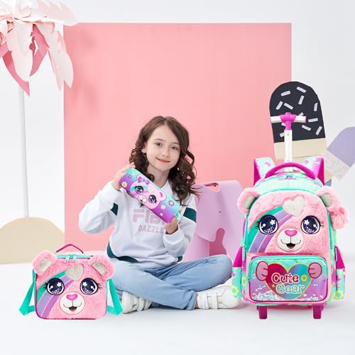 Meetbelify Cute Pink Bear Rolling Backpack with Wheels for Girls School Rolling Backpack Kids Travel Luggage for Girls Ages 5-12 by Meetbelify - Image 6