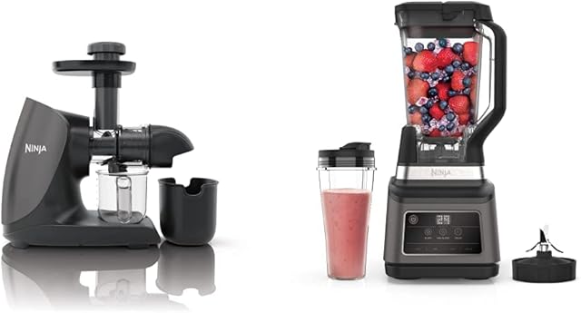 Ninja Cold Press Juicer [JC100UK] Slow Juicer, Masticating Juicer, Total Pulp Control, 500ml, Grey/Black & 2-in-1 Blender with Auto-iQ (BN750UK) 1200 W, 2.1 Litre Jug, 0.7 Litre Cup, Black/Silver