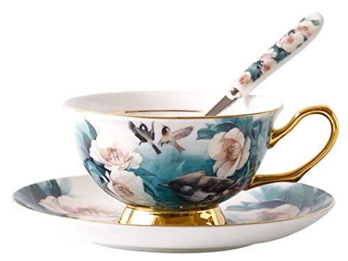 Eplze YBK Tech Ensemble Tasse et Soucoupe de Style Européen en Porcelaine Anglaise pour Petit déjeuner, Maison, Cuisine, Motifs Oiseaux et Fleurs de Camélia (Turquoise)
