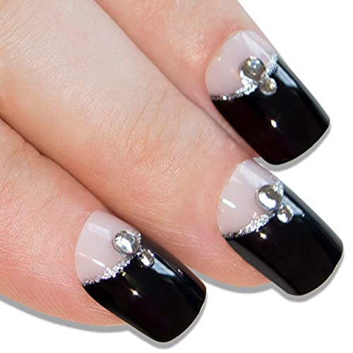 False Nails Bling Art French Fake Black Crystal Squoval 24 Acrylic Medium Tips