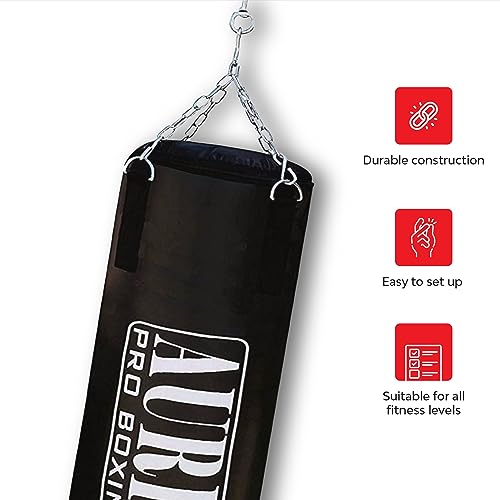 Image of Aurion 2 Feet Synthetic Leather Filled Punching Bag | Boxing Bag with Hanging Chain | Boxing - Black 2 Feet / 24 Inches