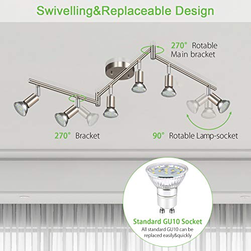 Unicozin Led 6 Light Track Lighting Kit, Matt Nickel 6 Way Ceiling Spot Lighting, Flexibly Rotatable Light Head, Modern Track Light Included 6 X Led Gu10 Bulb (4W, Daylight White 5000K, 400Lm) #TOP1