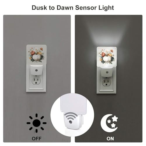 Image of Pumpkins Fall Floral Night Light 2-Pack, Love Heart Auto Sensor LED Plug-in Nightlights Set of 2 for Bedroom Bathroom
