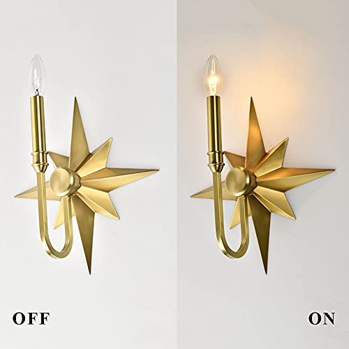 Jc H&L Vintage Sconce Lighting Fixture, Flush Mount Wall Lamp, Brass Star Candle Light For Wall, Bedside, Vanity, (Antique Brass, 1-Light) #TOP2