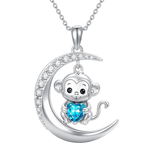 Image of PROESS Animal Birthstone Necklace 925 Sterling Silver Otter /Axolotl /Hippo /Elephant /Dachshund /Monkey /Red Panda Pendant Necklace Animal Birthstone Jewelry Gifts for Women
