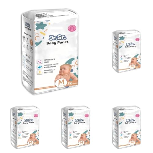 Image of Jr. Sr. Baby Diaper Pants | Medium (M) Size (7-12 kg), 36 Count | Pack of 5 | Upto 12 hr Absorption with Advanced Leak Protection | Safe For Babies Skin | Soft, Secure & Comfy