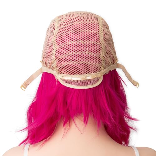 Image of Rose bud Wavy Bob Wig with Bangs Natural Hot Pink Wig Synthetic Hair Shoulder Length Short Curly Wigs for Women