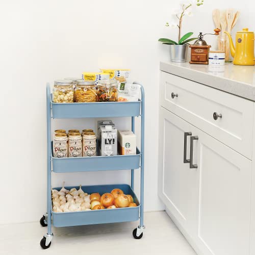 Image of CAXXA 3-Tier Rolling Metal Storage Organizer - Mobile Utility Cart with Caster Wheels, Blue