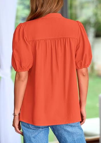 PRETTYGARDEN Womens Casual Summer Tops 2025 V Neck Short Puff Sleeve Pleated Cotton T Shirts Loose Dressy Blouses2