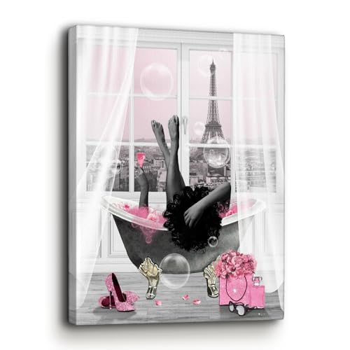 Beabalea Bathroom Decor African American Wall Art Black Girl In Bathtub Canvas Wall Art Poster Prints Modern Pink Black Women Wall Decor Fashion Pictures Framed Artwork For Bathroom 12"X16"