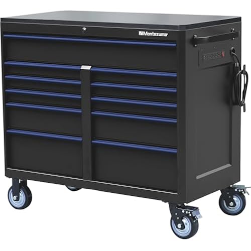 Montezuma Tool Box - 46" x24" 11 Drawer Rolling Tool Cabinet with Multiple Power Outlets & Black Powder Coat Finish - M462411TC