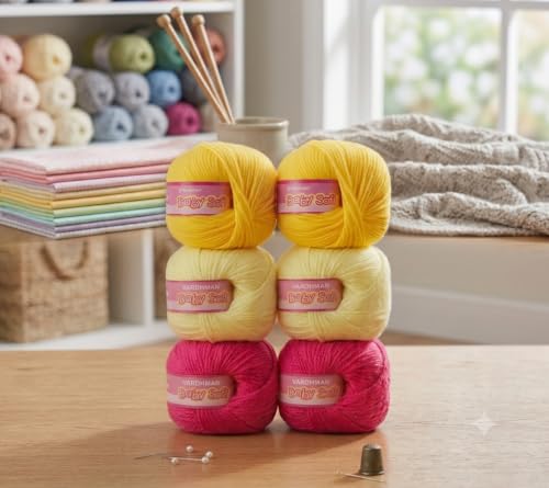 Image of Vardhman BabySoft Knitting Yarn | 100% Acrylic Wool | 4 Ply | Thin Knitting & Crocheting Hook Thread & Lightweight | Special Baby Wool | 150 Grams (6 Balls of 25g) | Machine Washable | Ideal for Blankets, Hats, Booties Ultra-Soft for Baby Sweaters, Blankets, Caps, Socks, Soft toys, Art & craft (Cotton Candy)