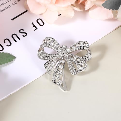 Image of Yuanchu Elegant Silver Crystal Bow Brooch Pin, Vintage Brooch for Dress Suit Shirt Clothes, Elegant Crystal Bowknot Corsage for Wedding Party Dance Banquet