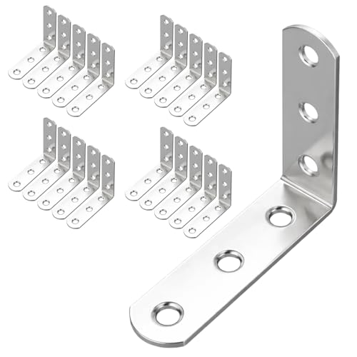 Image of Brackets, 20-Pack 60 x 60 x 16 mm 90 Degree L Shape Corner Brace Plate with 120Pcs Screws, Stainless Steel Angle Brackets for Furniture and Shelving, Fixing Joining Repair Support Galvanised Connect