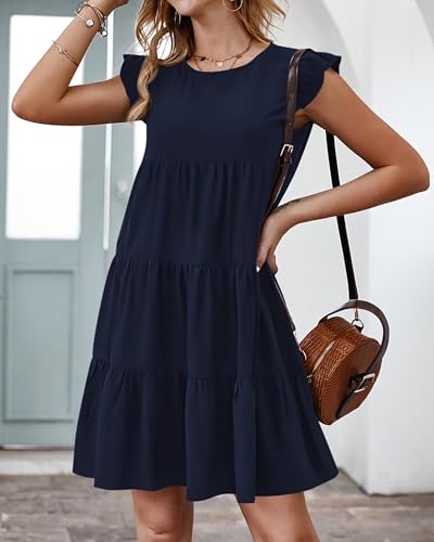 Image of KIRUNDO Summer Dresses for Women Sundress Sleeveless Ruffle Sleeve Round Neck Loose Short Flowy Pleated Mini Babydoll Dress