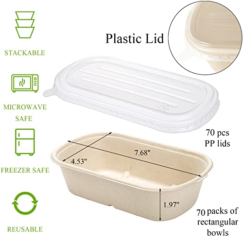 Yesland 70 Pack Compostable Take Out Food Containers with PP Lid, 23 Oz Bagasse to Go Containers Rectangular Disposable Paper Bowls, Biodegradable Meal Prep Food Container for Salad, Leftovers