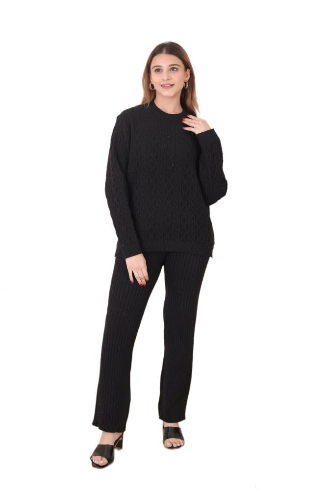 manera Premium Women's Winter wear Self Design Woolen Knitted Designer Cord Set (2 pcs) Black-picture-44