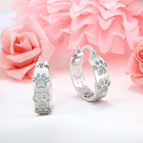 Silver Paw Print Hoop Earrings - Sterling Silver Hypoallergenic Cubic Zirconia Cute Animal Paw Print Hoop Earrings Dainty Round Earring for Sensitive Ears for Women2
