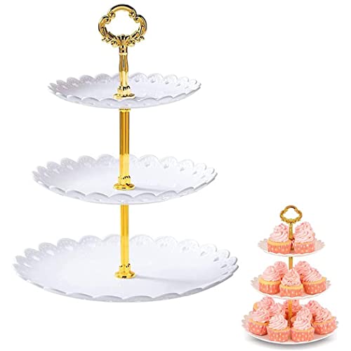 iDopick 3 Tier Cake Stand, Dessert Table Display Set Cupcake Tower, White Embossed Dessert Stand Treats Candy Station for Wedding Birthday Party Baby Shower Celebration Holiday (White)