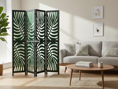 Image of Wooden Room Divider 6 Feet, 4-Panel Folding Wooden Partition for Living Room, Office, Pooja Room, Restaurant, Kitchen & Balcony (2W x 1.82H Meters). (Green-Black)