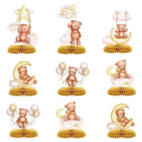 9 Pcs Teddy Bear Party Decorations Cream Tan Brown Boho Star Moon Bear Honeycomb Centerpiece Table Decorations for We Can